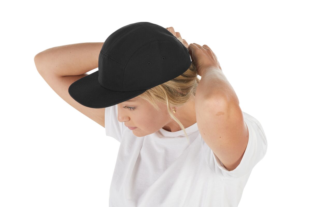 recycled-poly-flat-brim-5-panel-hat-y6 WebPDP-HAT003002_Recycled_Poly_Flat_Brim_5Panel_Hat_Black_Studio_Harper_Studios_0723_Side_4__HAT003002OS.jpg